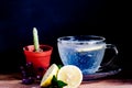 Fresh lemon soda soft drinks served in beautiful crystal glass with small plate and small cactus decoration. Royalty Free Stock Photo