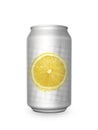 Fresh lemon soft drink in aluminum can on white background For design