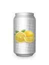 Fresh lemon soft drink in aluminum can on white background For design