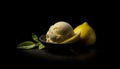 Fresh lemon sorbet on a yellow plate, a summer indulgence generated by AI