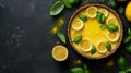 Fresh lemon tart decorated with vibrant basil leaves, citrus zest, on a textured dark background