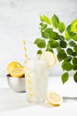 Fresh lemon tonic drink of organic lemons in misted glass with ice cubes, straw, yellow lemons, green branch in soft light white.