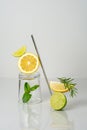 Fresh lemonade concept. Slices of lemon and lime, mint leaf, rosemary, glass and reusable steel straw. Ingredients for Royalty Free Stock Photo