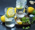 Fresh lemonade glasses with lemon slices and mint herb in fresh