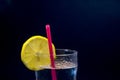 Fresh lemonade, lemon and drinking straw isolated on black background