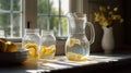 Fresh Lemonade With Lemons in A Vase and Mason Jars on the Counter - Generative AI