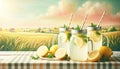 Fresh Lemonade in Mason Jars on Rustic Table with Countryside View, AI Generated