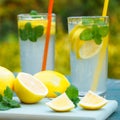 Fresh lemonades or mojito cocktails in two glasses with straws