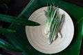 Fresh Lemongrass Cymbopogon citratus or citronella, serai on a wooden plate Royalty Free Stock Photo