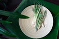 Fresh Lemongrass Cymbopogon citratus or citronella, serai on a wooden plate Royalty Free Stock Photo