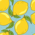 Colorful seamless pattern with ripe lemons, leaves. Decorative background with citrus fruits