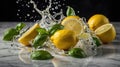 Fresh Lemon Still Life with Water Splash and Basil Leaves on Marble Surface Royalty Free Stock Photo