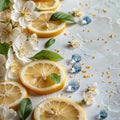 Fresh Lemons, Blueberries, and White Flowers on White Background Royalty Free Stock Photo