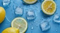 Fresh lemons and ice cubes on a blue background. Slices of lemon are arranged with whole lemons and ice, creating a Royalty Free Stock Photo