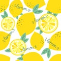 Fresh lemons and leaves, colorful seamless pattern