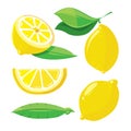 Fresh lemons with leaves, lemon slice isolated on white Royalty Free Stock Photo