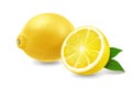 Fresh lemons with leaves, realistic citrus whole and slice of lemon vector 3d