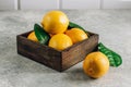 Fresh lemons in an old box with leaves on light gray background Royalty Free Stock Photo