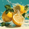 Fresh Lemons Splashing in Water with Mint Summer Refreshment Concept Royalty Free Stock Photo