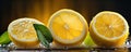 Fresh lemons with water drops. Lemon and green leaves on wooden table. wide banner Royalty Free Stock Photo