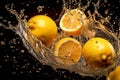 Fresh lemons with water splash. Citrus fruit generative AI