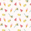 Fresh lemons, watermelon and cute icream seamless pattern vector