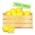 Fresh lemons in a wooden box on a white background. Vector icon. Royalty Free Stock Photo