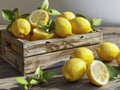 Fresh lemons in a wooden box on a wooden table. 3d rendering Generative AI Royalty Free Stock Photo