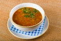 Fresh lentil soup in a white bowl, served in a restaurant setting, selective focus Royalty Free Stock Photo