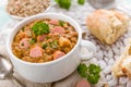 Fresh lentil stew with sausages Royalty Free Stock Photo