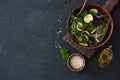 Fresh lettuce, arugula, frisee, basil, cucumber and onions salad Royalty Free Stock Photo