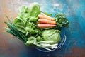 Fresh lettuce, cabbage, spring onions, carrots and parsley in a wire basket Royalty Free Stock Photo