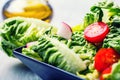 Fresh lettuce salad with cherry tomatoes radish and carafe with olive oil on wooden table. Royalty Free Stock Photo