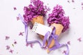 Fresh lilac flowers in waffle cones with ribbon and empty tag Royalty Free Stock Photo