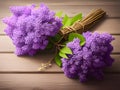 fresh lilac flowers on wooden surface, AI generated