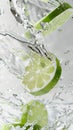 Fresh lime dropped into water with splash on grey background, closeup Royalty Free Stock Photo