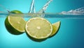 Fresh lime falling into water on blue background Royalty Free Stock Photo