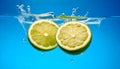 Fresh lime falling into water on blue background Royalty Free Stock Photo