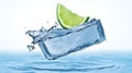 Fresh lime and ice cube splash into water creating a vibrant, refreshing scene Royalty Free Stock Photo