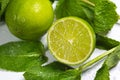 Fresh lime with mint leaves and drops of water on a white background, close-up