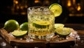 Fresh lime slice garnishes a citrus mojito in a drinking glass generated by AI