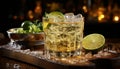 Fresh lime slice in a glass of whiskey on a bar counter generated by AI Royalty Free Stock Photo