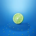 Fresh lime slice isolated on blue background. 3d rendering illustration. Royalty Free Stock Photo