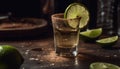 Fresh lime slice in tequila shot, refreshing summer cocktail generated by AI Royalty Free Stock Photo