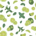 Fresh lime slices and green mint leaves isolated on white background. Seamless pattern for textile, room decor, print wrapping, Royalty Free Stock Photo