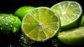 Fresh lime slices with waterdrops on wet glossy black surface, close-up, selective focus.