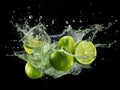 fresh lime in water with splash on black background. Fresh citrus fruit slices flying objects Royalty Free Stock Photo