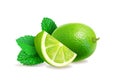 Fresh limes with leaves and mint. Realistic citrus fruit and peppermint. Mojito ingredient 3d vector Royalty Free Stock Photo