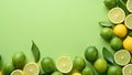 Fresh limes and lemons on green background