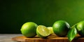 Fresh Limes Pile on Wooden Cutting Board Against Dark Green Background. Food Ingredient. Generative AI Royalty Free Stock Photo